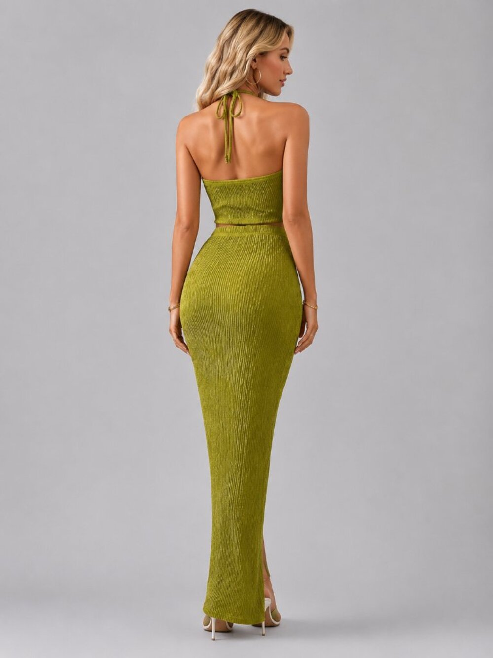 Women's Textured Halter Crop Top & Split Maxi Skirt 2 Piece Set Vacation Outfit - Picture 2 of 3